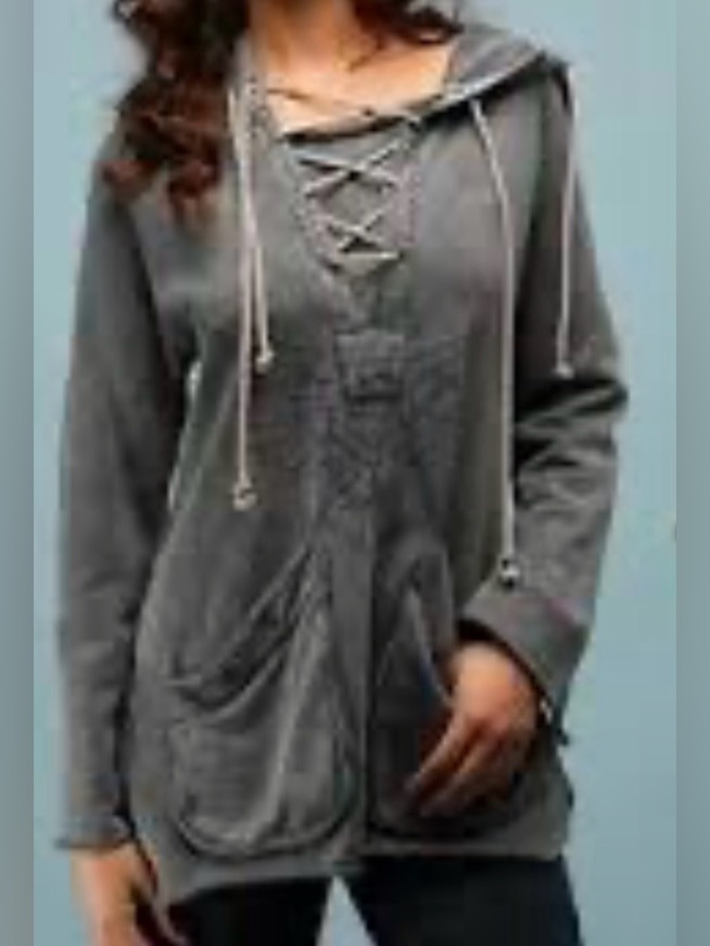 We The Free Women's Gray Lace-Up Hooded Pullover Hoodie - Size L